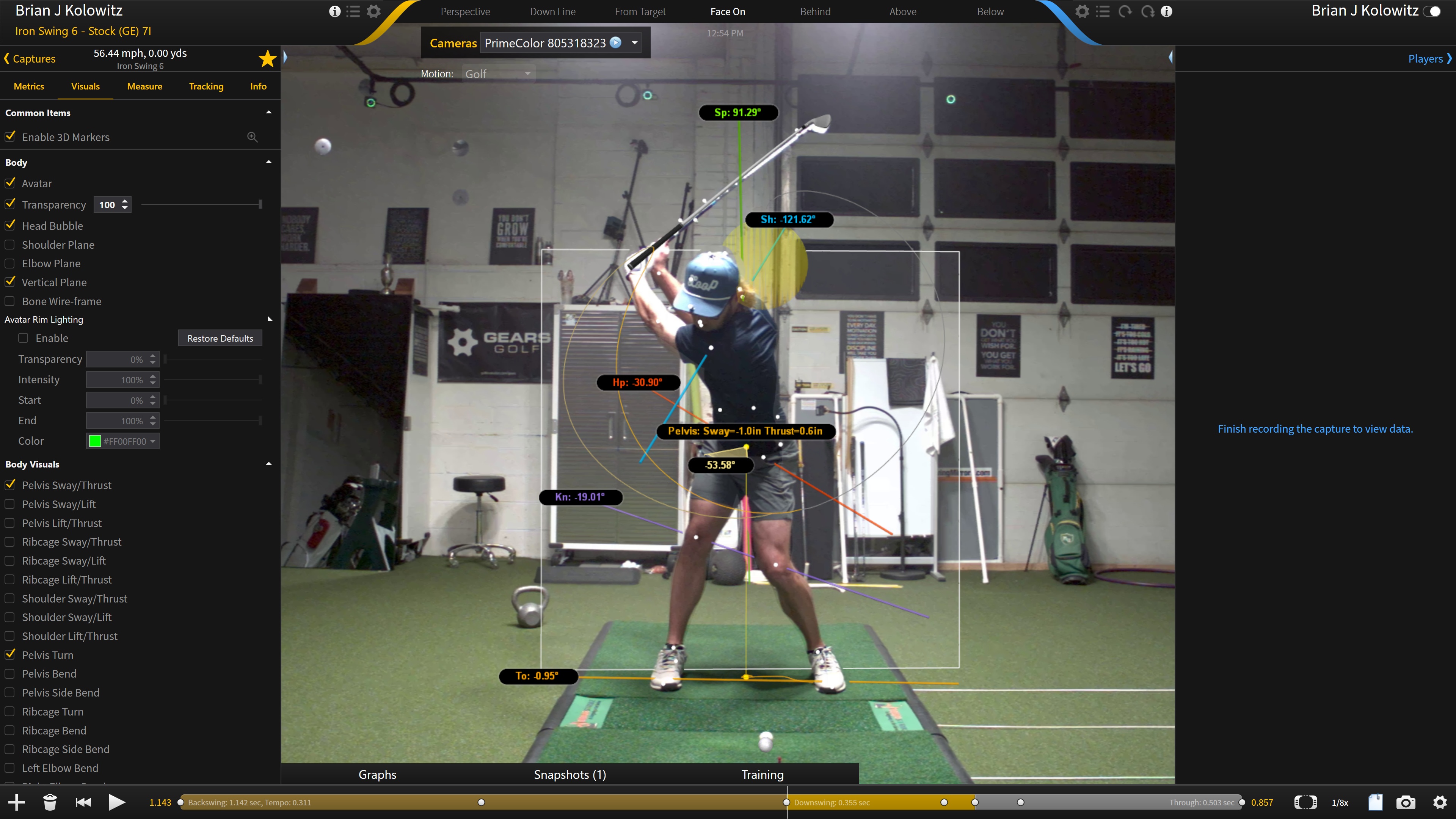 Gears capture of Brian in transition, the pelvis and shoulder tilt data visible as the swing changes direction