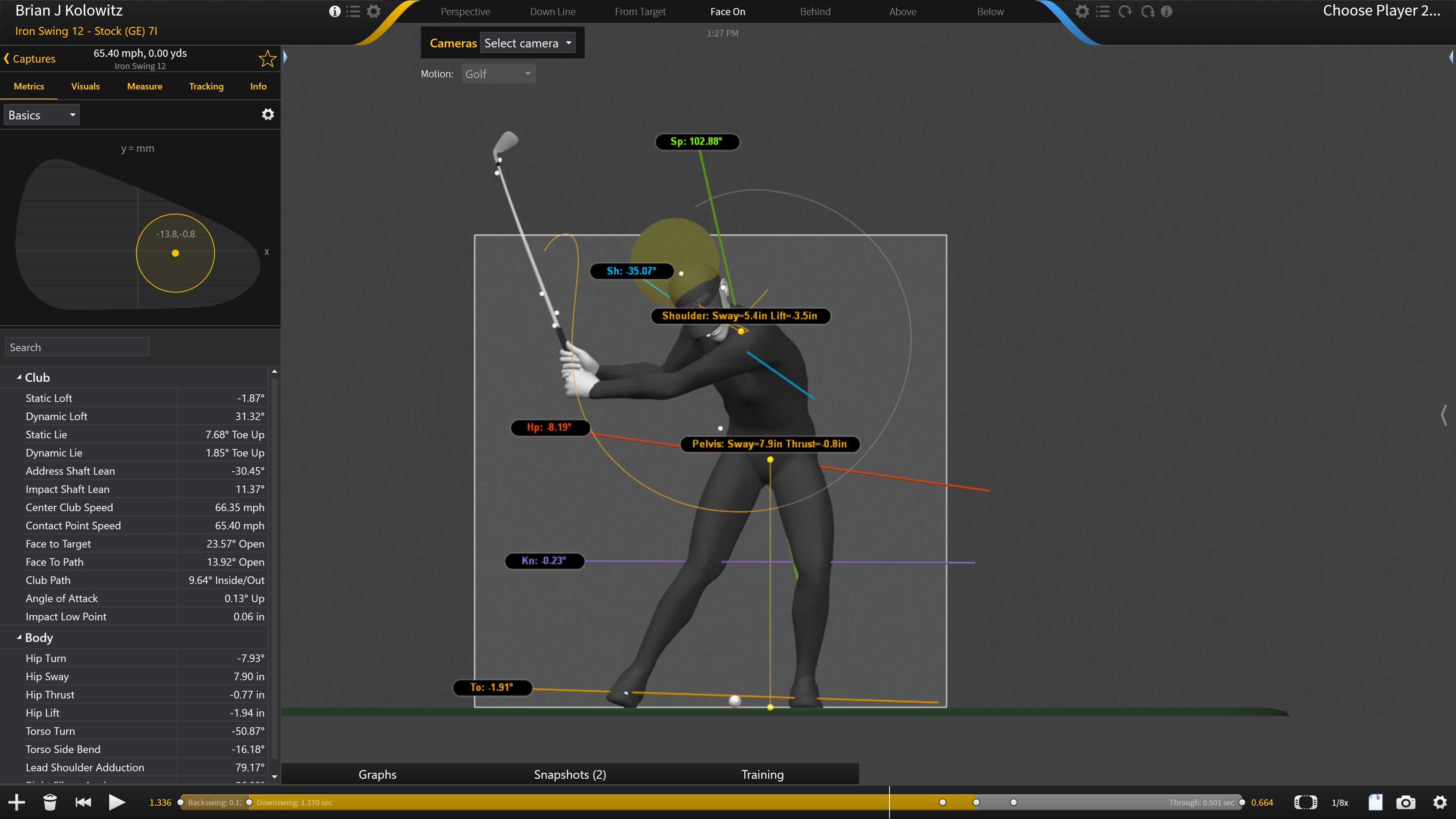 Gears 3D avatar of Brian's swing without video, showing the skeleton, swing plane and club path in space
