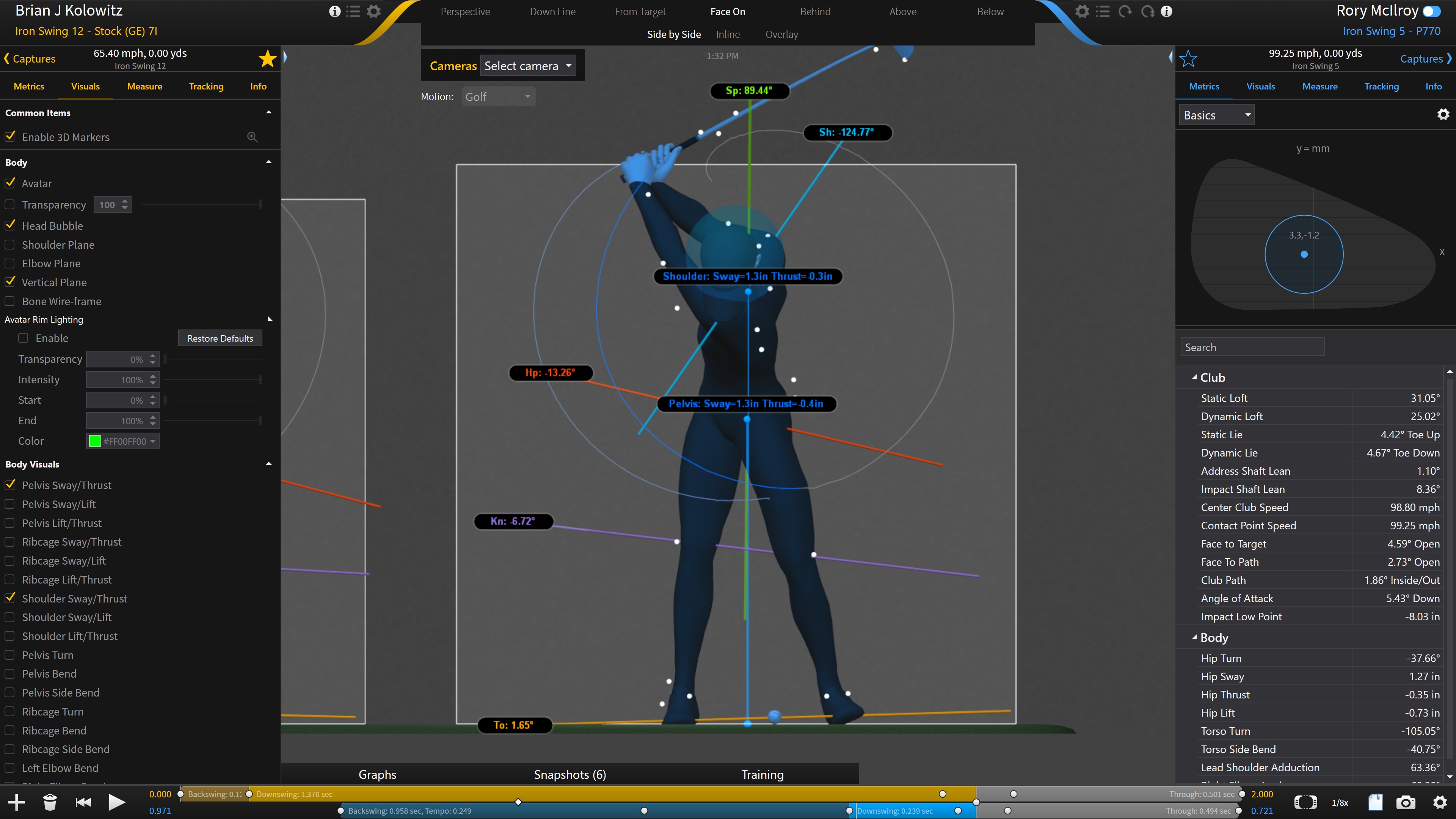 Gears capture of Rory McIlroy's swing avatar at the top of the backswing, motion data overlaid