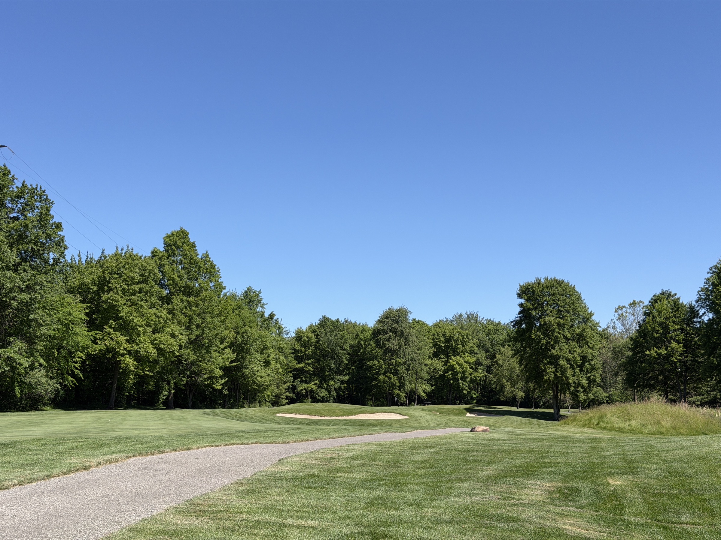 A cart-path fairway at Reserve Run framed by trees, with greenside bunkers guarding the approach in the distance
