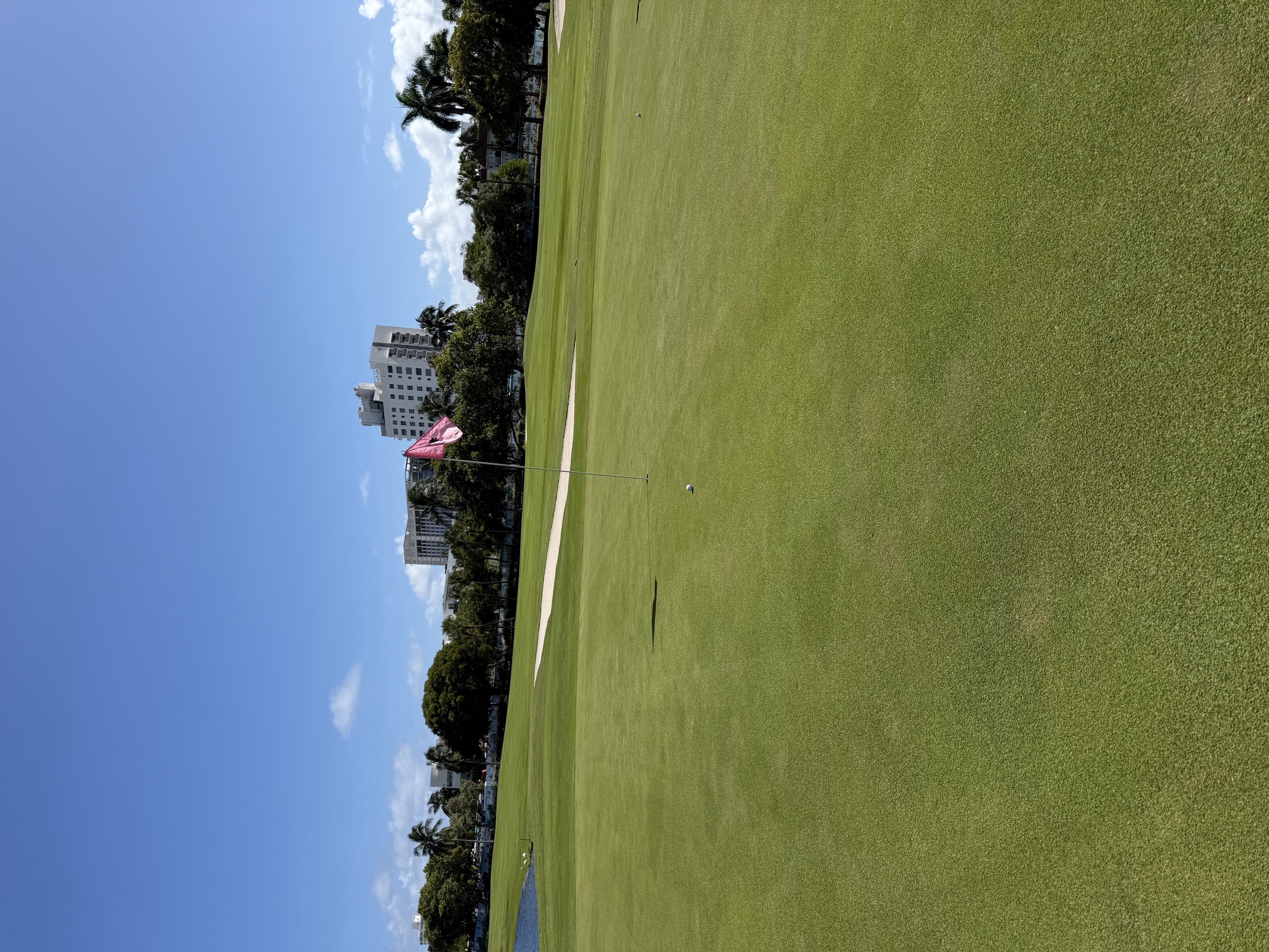 A fairway at Miami Beach Golf Club leading to a pink flag, with palms and a high-rise in the distance