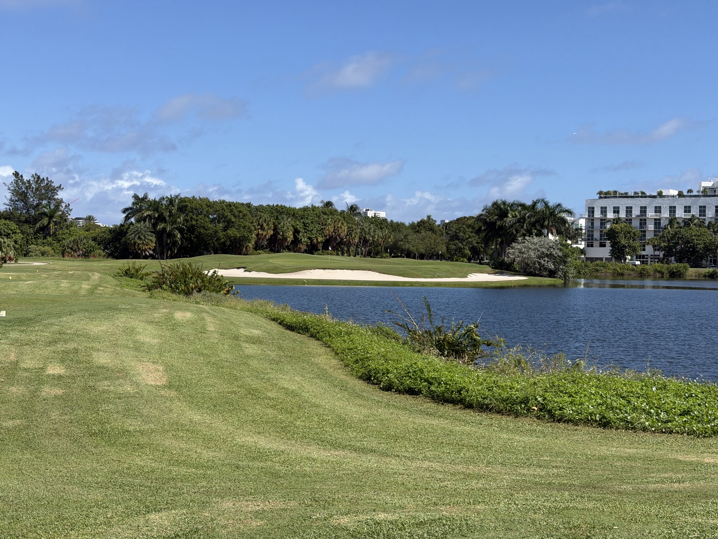 Rolling fairway mounds running down to a lake at Miami Beach Golf Club